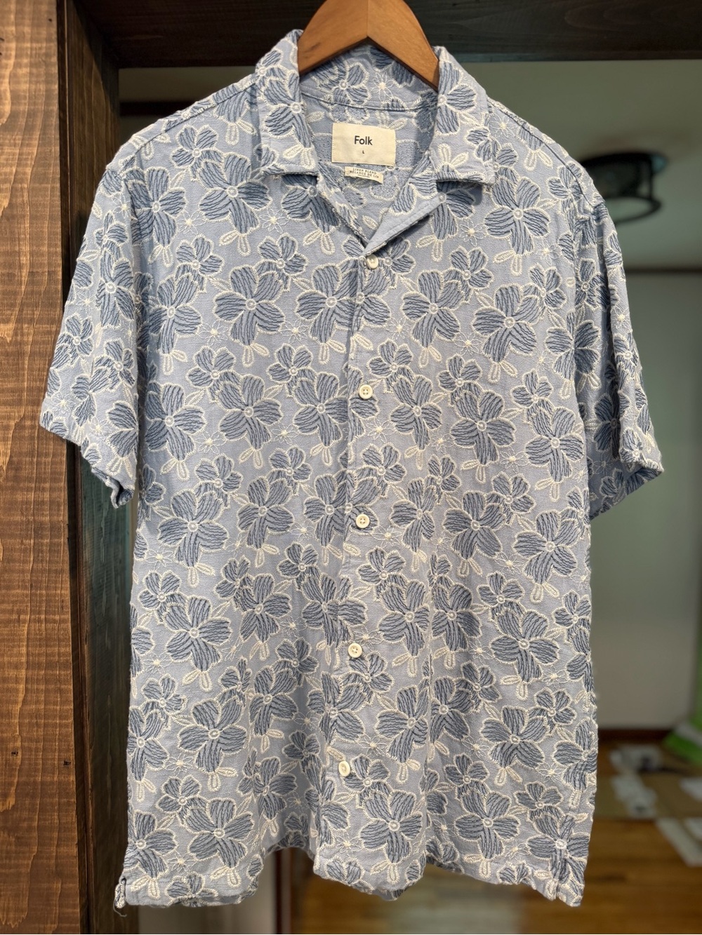 NWT Folk Malco S/Sleeve EMB Linen Blend Shirt: Blue (Large)